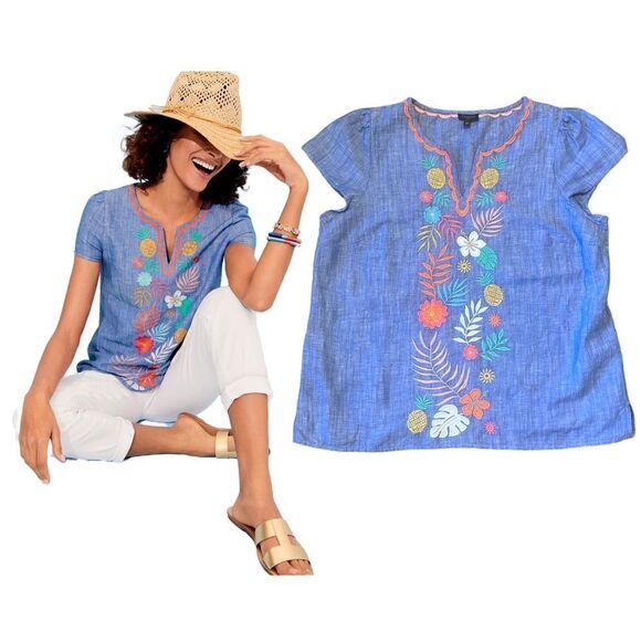 Talbots Black Label Split Neck Embroidered Linen Blend Top Large Petite - Picture 1 of 9